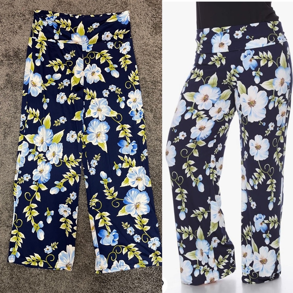 White Mark Navy blue floral high waist wide leg stretch palazzo pants size 2XL